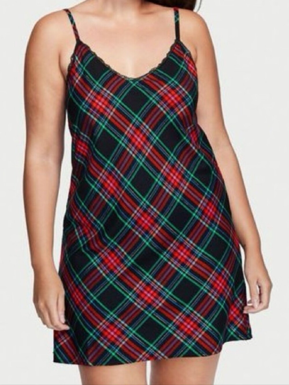 Victoria's Secret Nightie Slip Dress, Large, Black & Red Tartan Plaid Lace Trim